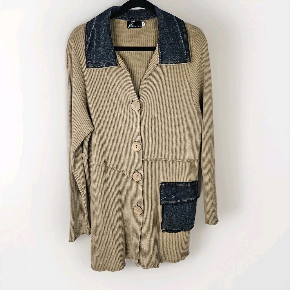 Fenini Khaki Cotton Waffle Knit Tunic Cardigan Sweater SZ XL Patchwork Boho